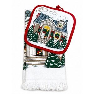 Vintage Christmas Kitchen Towel Potholder Set Cannon USA Holiday Cottagecore NOS